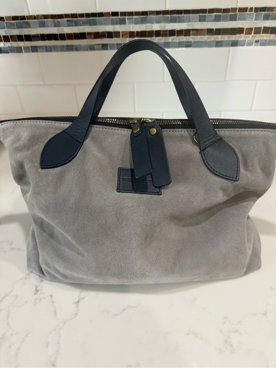 Parker Thatch Handbags - Parker Thatch medium Charlie Grey Suede Crossbody Tote with Navy Trim